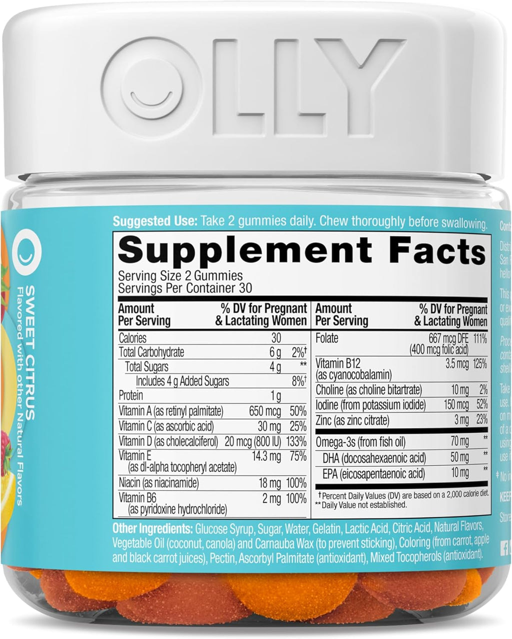 OLLY Prenatal Multivitamin Gummies - Daily Blend for Mommy & Baby with Folic Acid, Omega 3 DHA, Sweet Citrus Flavor | 60 Count