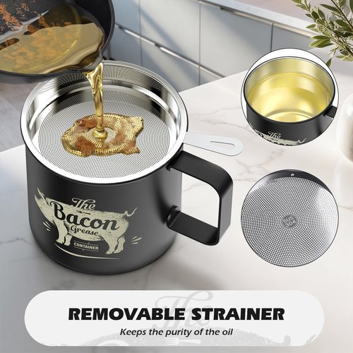 PGYARD Mini Bacon Grease Saver With Strainer - 20 OZ Stainless Steel Oil Container, Farmhouse Bacon Grease Keeper For Kitchen Fat Storage, Dishwasher Safe-Black