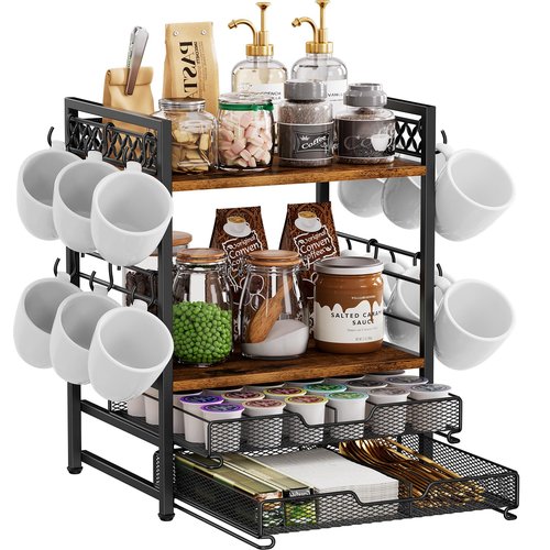 Plaviya Coffee Bar Organizer Countertop Station Shelf, 4 Tier Mug Cup Holder Stand with 12 Hooks, 30 K Cup Coffee Pod Holder, Multifunctional Coffee Shelf Organizer for Accessories Station Kitchen