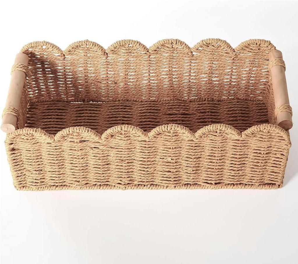 Scalloped Organizer Basket - Hand Woven Paper Rope Toilet Tank Storage with Wooden Handle | 14.2 x 6.5 x 5 Inches