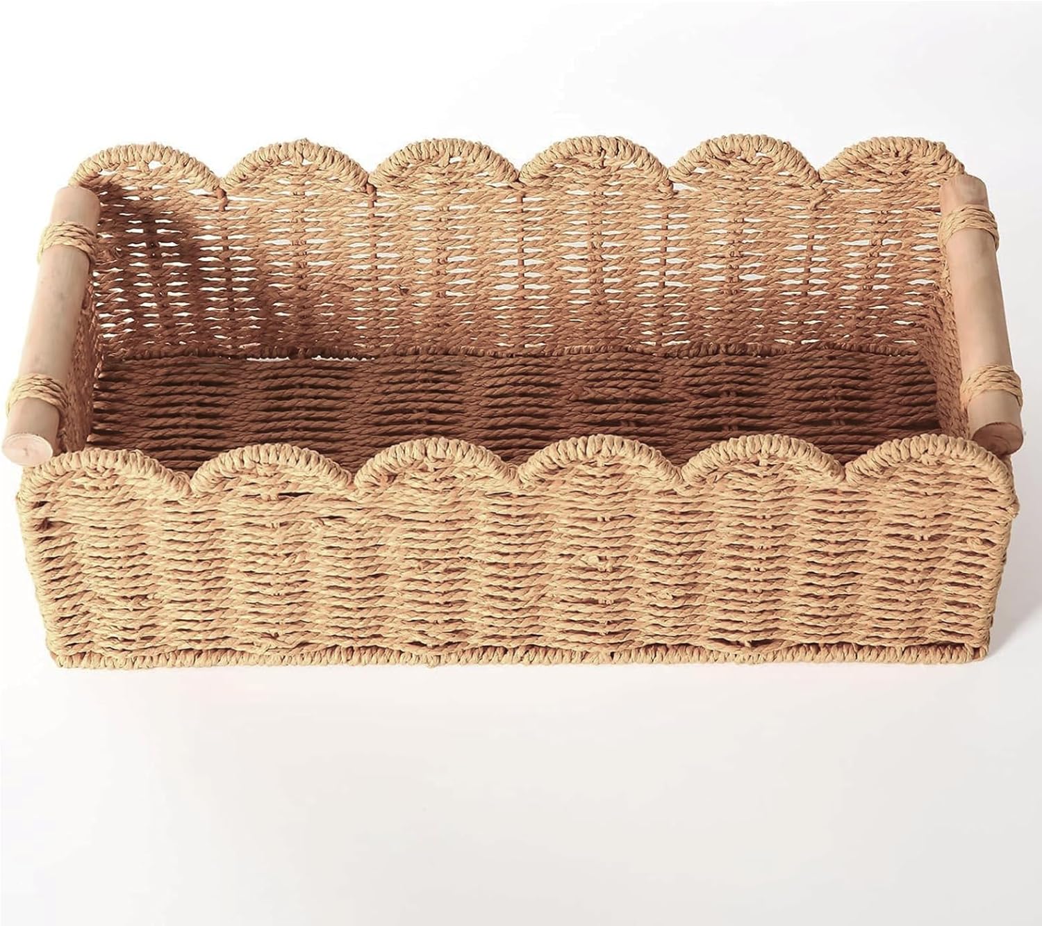 Scalloped Organizer Basket - Hand Woven Paper Rope Toilet Tank Storage with Wooden Handle | 14.2 x 6.5 x 5 Inches