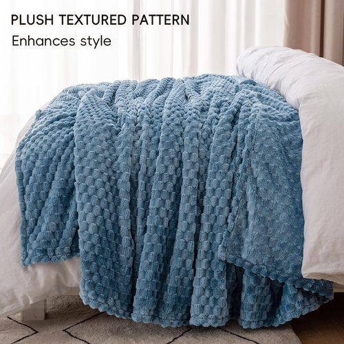 PHF Ultra Soft Flannel Fleece Blanket Queen Size, Lightweight 3D Jacquard Fleece Blanket, No Shedding, No Pilling, Luxury 340GSM Aesthetic Fluffy Cozy for Bed Room Decor, 90"x90", Denim Blue