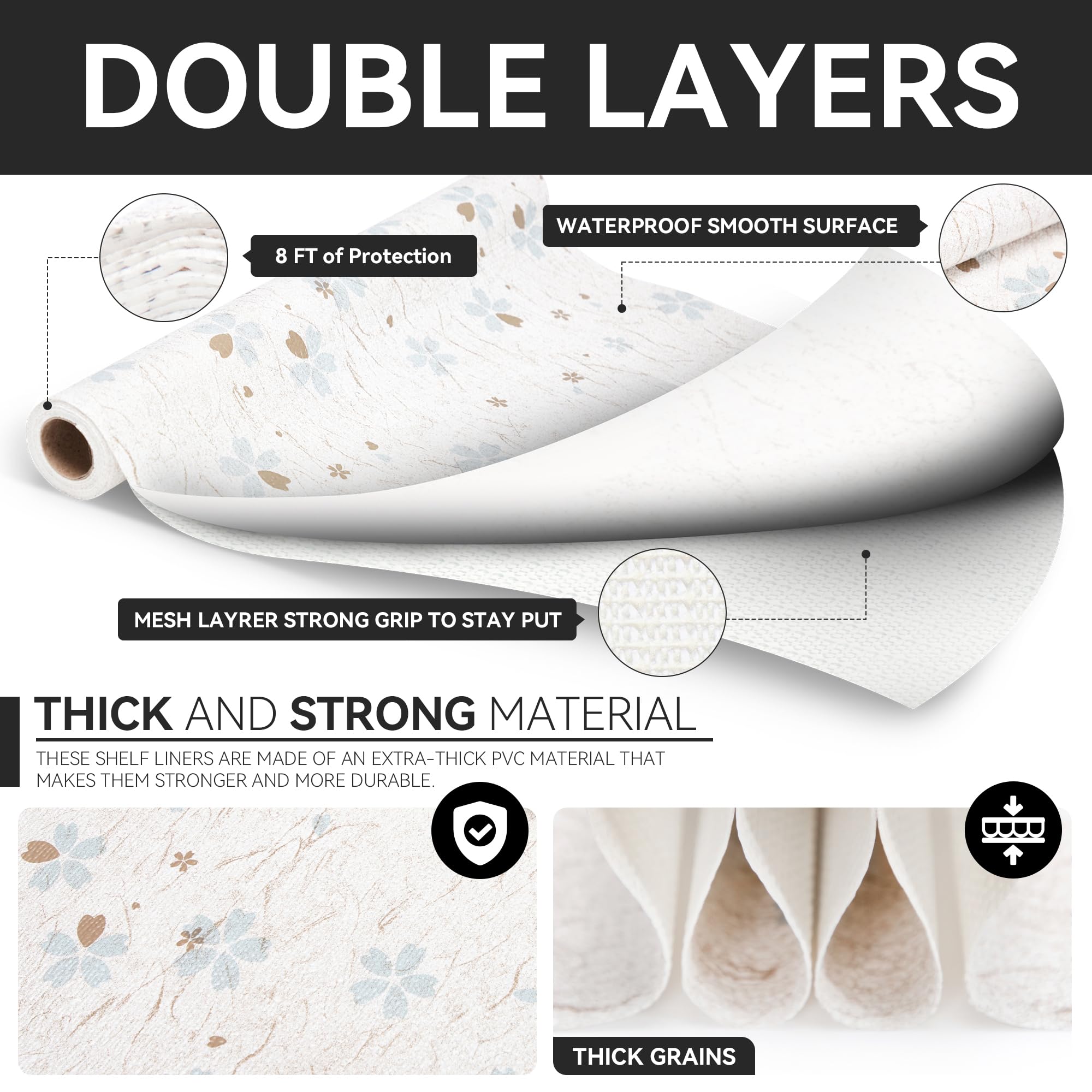 RAY STAR 18X96 Inch Shelf Liner for Kitchen Cabinets, Non-Adhesive Cabinet Liner Washable, PVC Drawer Liner for Dresser Non-Slip Bathroom (Floral)(1 Roll)