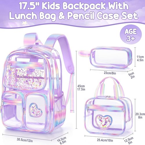 Fimibuke Clear Backpack - Heavy Duty PVC Transparent Bookbag for Girls | Includes Lunch Box & Pencil Case