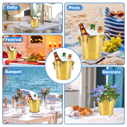 4 Pcs Stainless Steel Champagne Bucket, 3 Qt Double Wall Ice Bucket with Handles, Metal Wine Chiller for Champagne, Beer, Cocktails, Home Bar, Party Beverage Cooler (Gold)