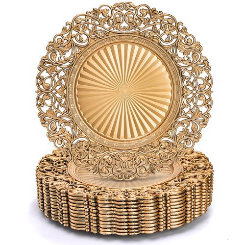 Foraineam Gold Charger Plates Set of 12, 13" Round Plastic Dinner Chargers, Decorative Hollowed Out Flowers Serving Plates for Table Setting, Catering, Wedding, Party, Event