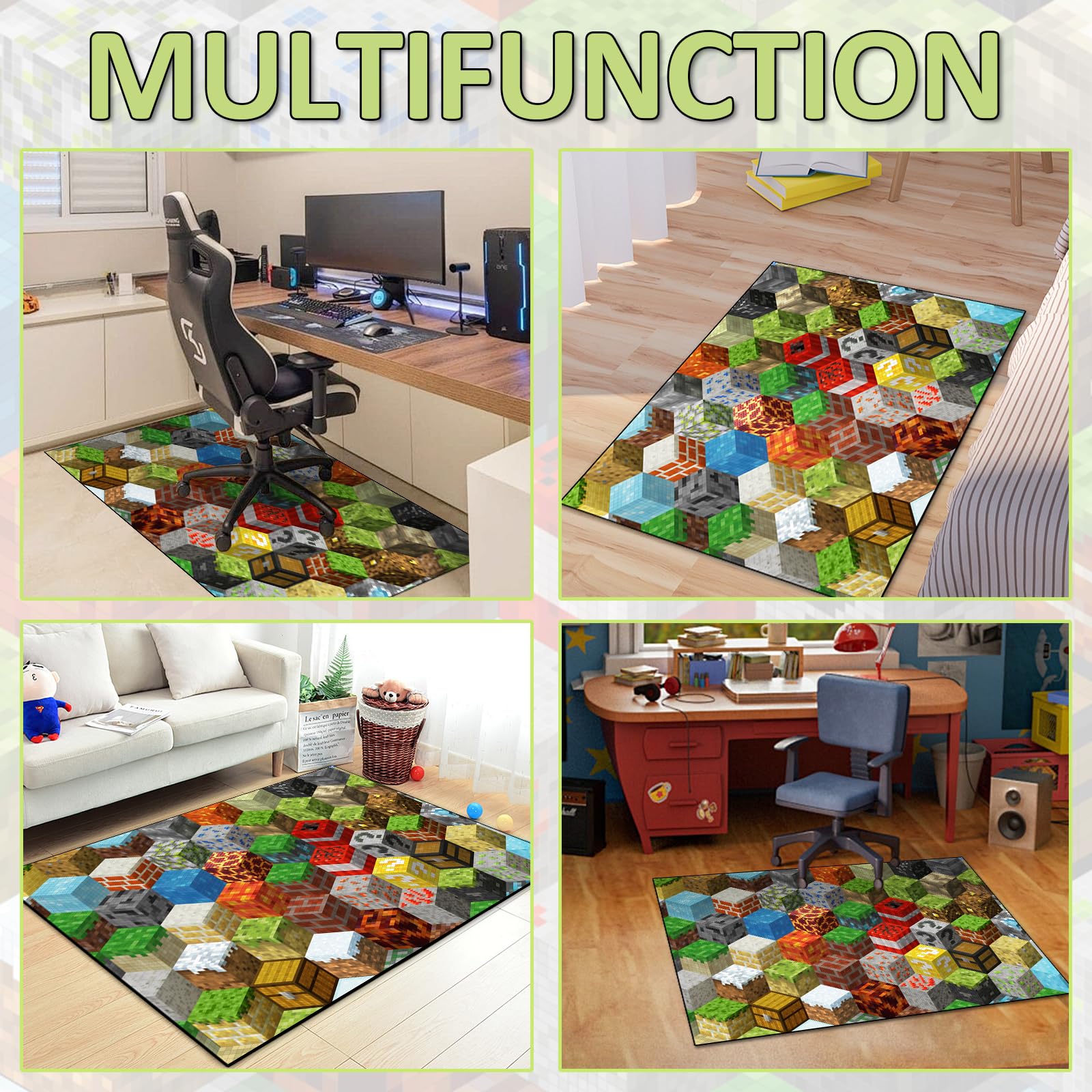 Block Game Rug Teen Boys Carpet with Pixel Games Element Decoration Mat, Cube Block Game Rugs for Boy’s Bedroom Living Room Playroom, Non-Slip Children Gaming Area Rugs (60" x 40")