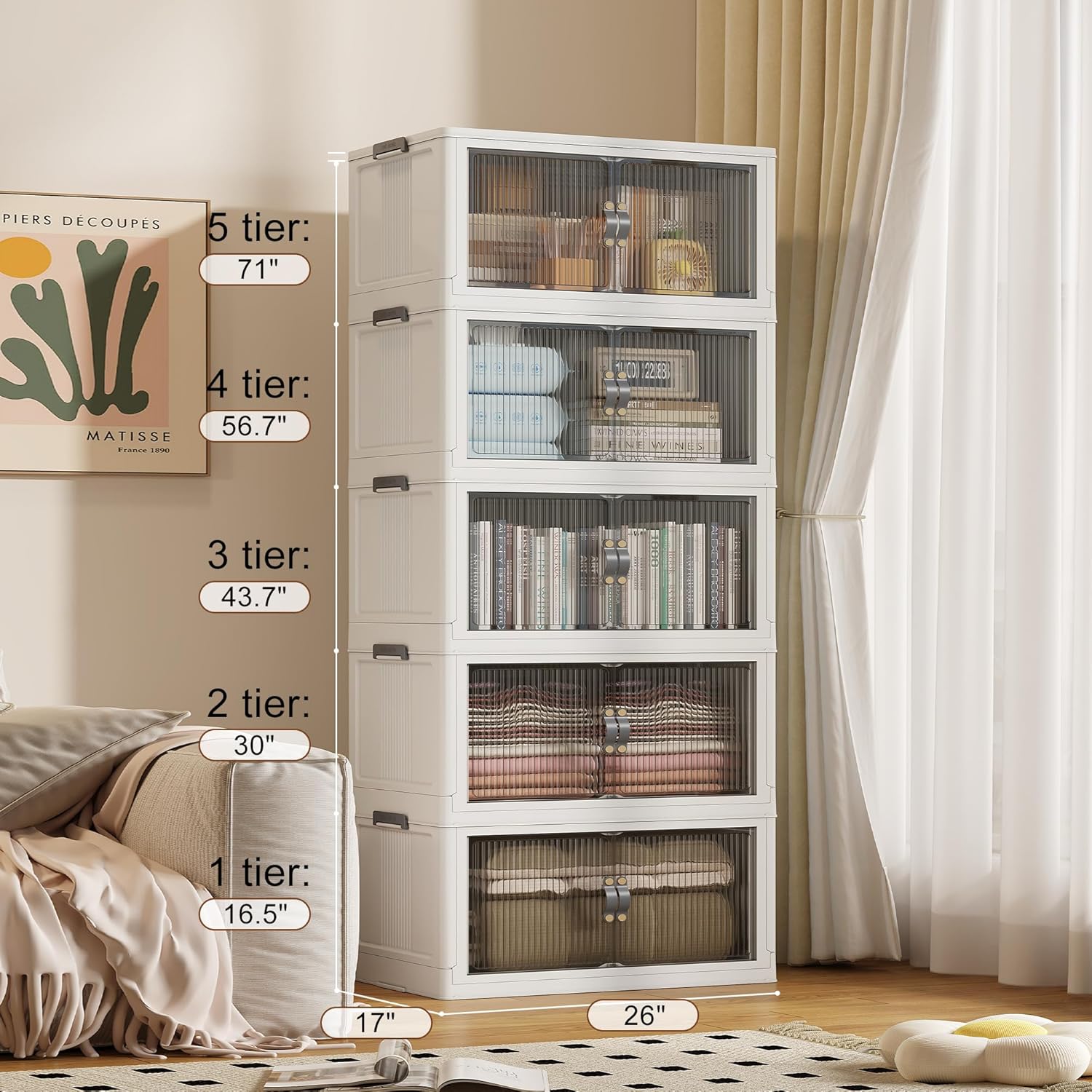 SAILUN Stackable Storage Bins - 145 Gal/580 Qt Folding Organizers with Lid | White 26" W x 17" D x 71" H