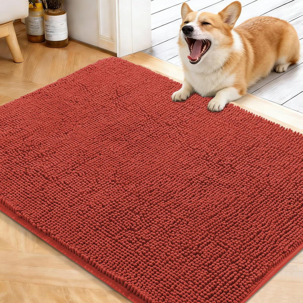 OLANLY Dog Door Mat - Absorbent Non-Slip Chenille Mat for Muddy Paws | 40x32, Quick Dry, Maple Red
