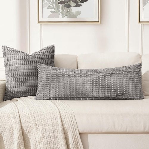 MIULEE Light Grey Long Body Lumbar Throw Pillow Cover - Soft Boho Design 14x36 Inch for Sofa & Bed