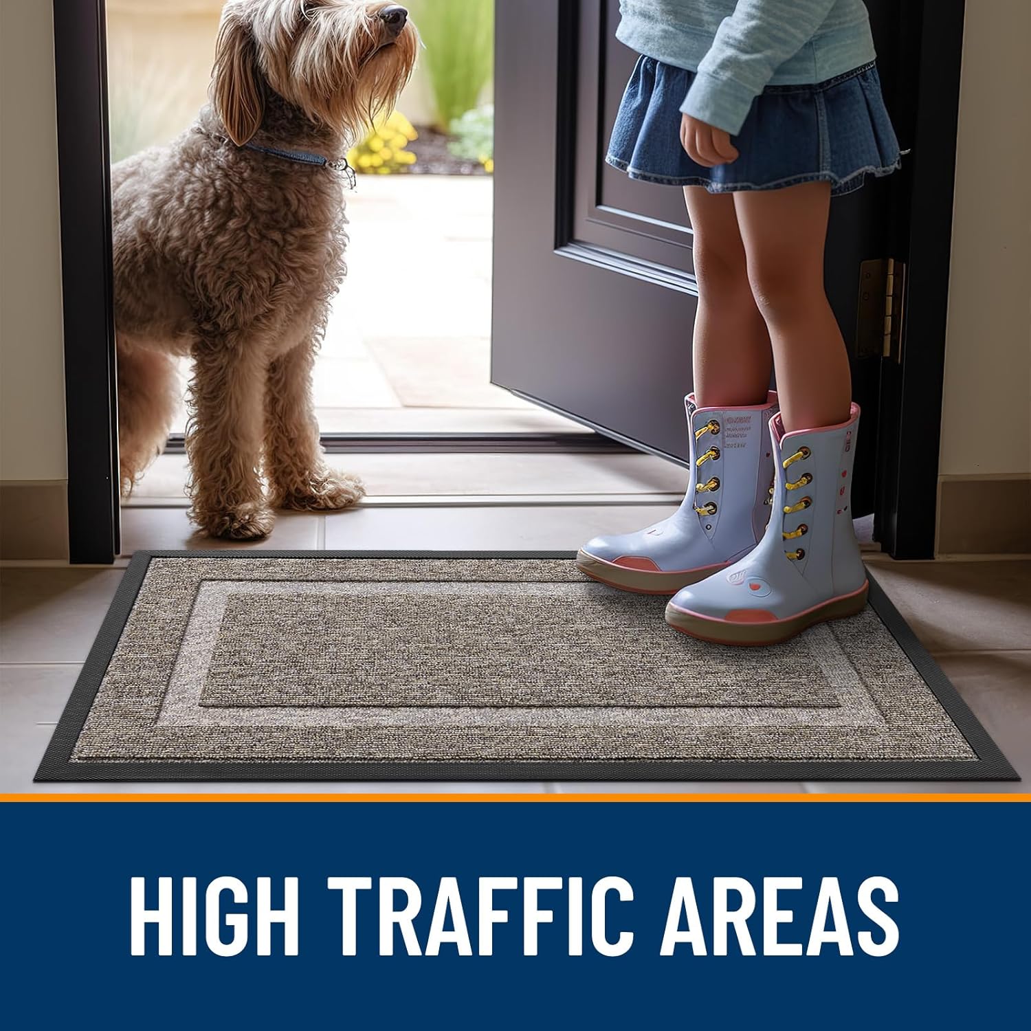 OLANLY Indoor Outdoor Front Door Mat - Waterproof All-Season Doormat, Easy Clean, 29.5x17, Khaki & White