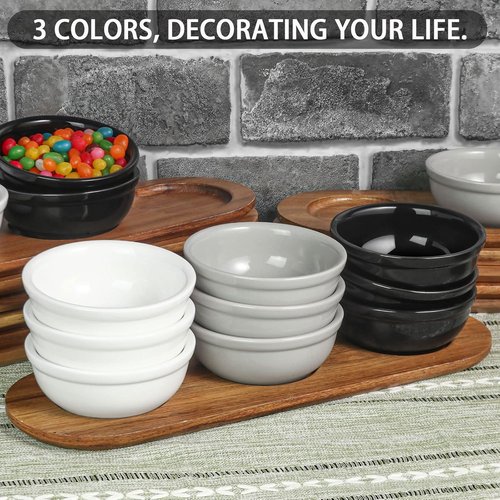 Artena 12 oz Ceramic Chip and Dip Serving Set - Acacia Tray & 5-inch Grey Bowls for Appetizers