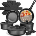Skiennix Non-Stick Ceramic-Granite Pots & Pans Set - 15-Piece Space-Saving Cookware with Detachable Handles, Dishwasher Safe, Black Granite