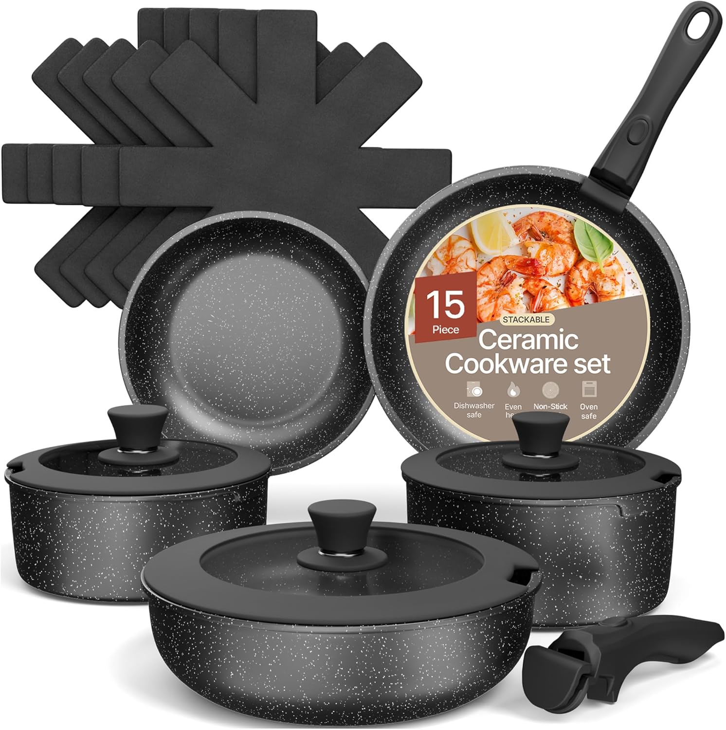 Skiennix Non-Stick Ceramic-Granite Pots & Pans Set - 15-Piece Space-Saving Cookware with Detachable Handles, Dishwasher Safe, Black Granite
