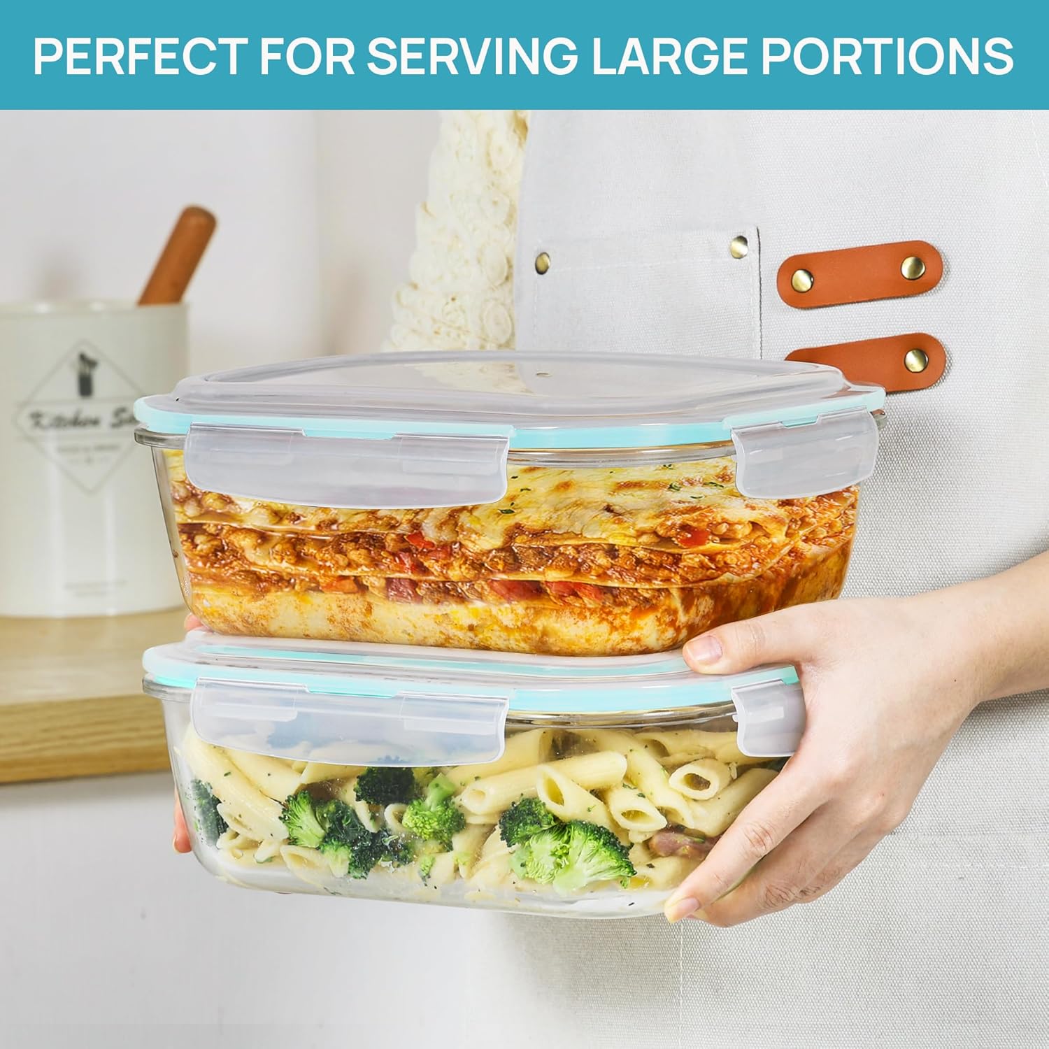 Vtopmart Large Glass Food Storage Containers - 2-Pack 76.4oz with Airtight Snap Lids | Leak-Proof, Microwave & Oven Safe, Green