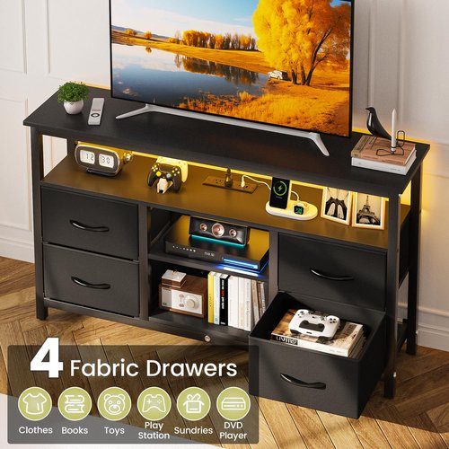 Haewon Black TV Stand with LED Lights and Power Outlets, Entertainment Center for 55 inch TV, Media Console Table with 4 Fabric Drawers and Open Shelf for Living Room, Wood Top and Metal Frame