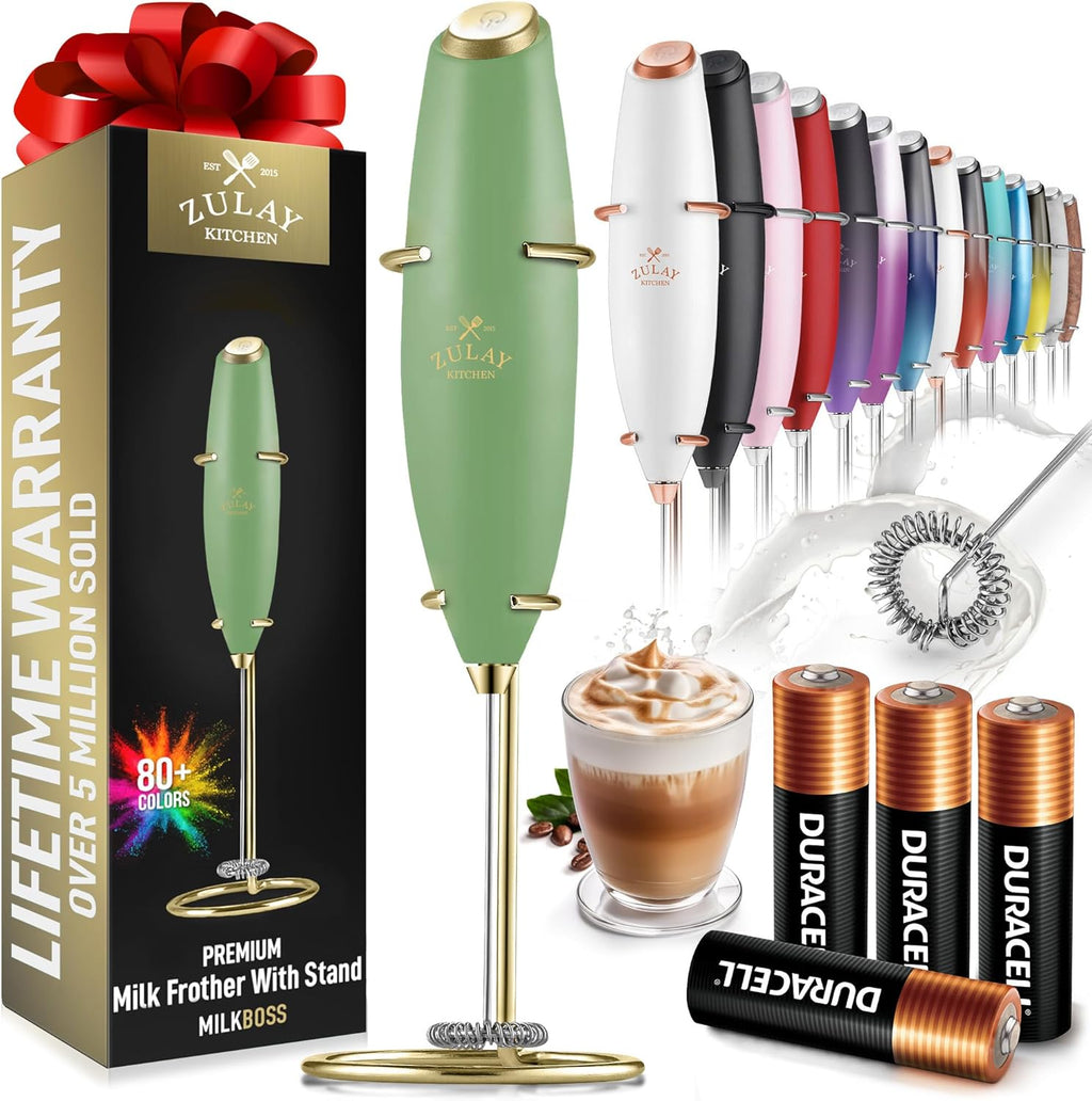 Zulay Kitchen Milk Frother Wand - Ultra-Fast Handheld Electric Whisk for Coffee & Lattes - Forest Gold