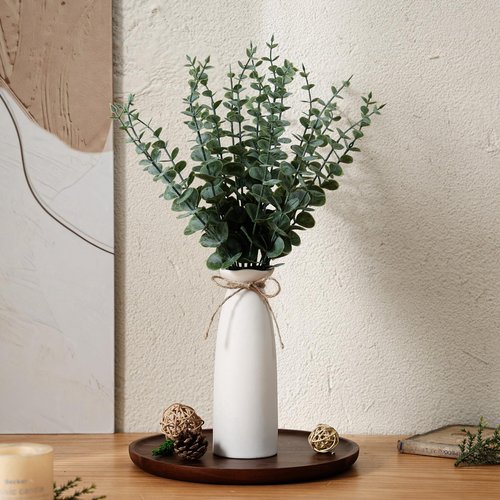 Shanranplus Vase with Greenery, 20pcs Artificial EucalyptusStems in White Vase, Boho Home Decor Plant, 19" Decorative Fake Plants for Home Farmhouse Mantle Centerpiece Decor