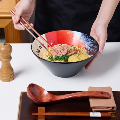 BICETTO Japanese Ramen Bowl Set with Red Fuji Design - 60oz Large Ceramic Bowls, Spoons, Chopsticks for Ramen, Pho, Salad, Poke - Premium Gift for Ramen Lovers - Microwave & Dishwasher Safe