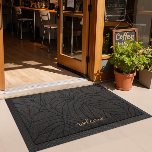LUMI Premium Front Door Mat 24"x36", Non-Slip Heavy Duty Rubber Welcome Mats, Embroidered Tree Dirt Trapper Doormat for Indoor Outdoor Entryway, Porch, Patio, Grey Gold Monstera