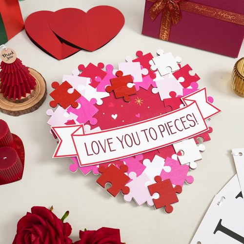 AOMOONOA Valentines Wreath for Front Door, Valentines Day Decorations, Love You to Pieces Door Sign, 3D Foldable Wooden Heart Decor, Romantic Wall Wreath Decoration for Wedding Anniversary