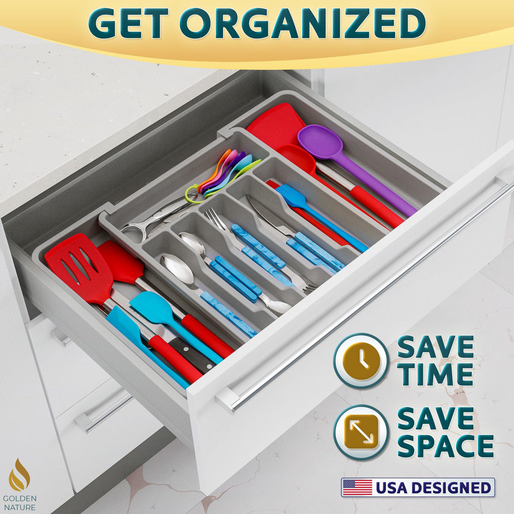 Golden Nature Kitchen Drawer Organizer for Silverware, Utensils, Cutlery (15x13.1 inch Expands to 15x22.2 inch, Gray), Expandable Flatware Holder for Drawers