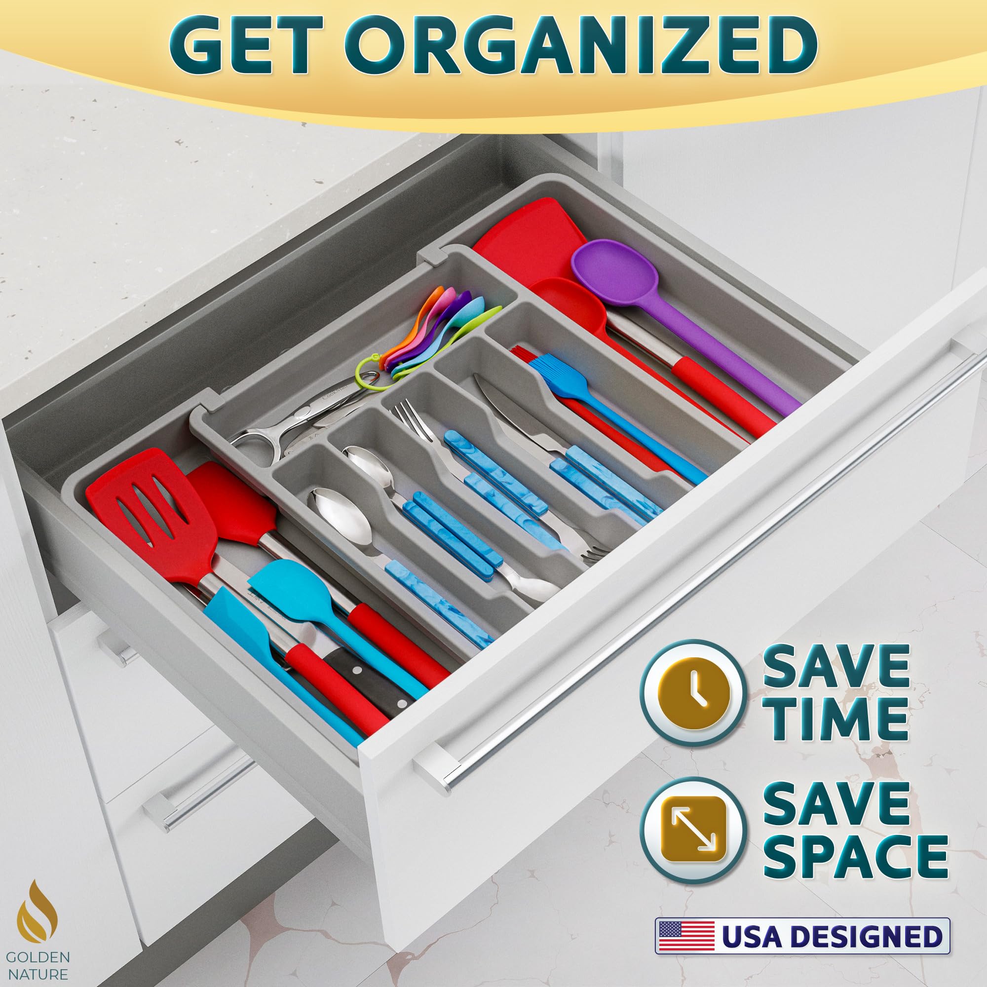 Golden Nature Kitchen Drawer Organizer for Silverware, Utensils, Cutlery (15x13.1 inch Expands to 15x22.2 inch, Gray), Expandable Flatware Holder for Drawers