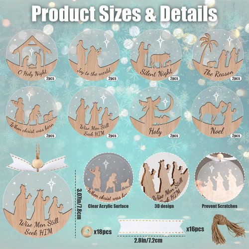 GuassLee 16pcs Nativity Christmas Ornaments - 3D Wooden Acrylic Cut File Nativity Scene Christmas Crafts Ornaments for Kids Tree Indoor Decorations
