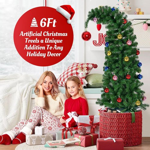 Hatisan 6FT Artificial Christmas Tree - Bent Green Design with Ball Ornaments & Metal Base for Holiday Decor