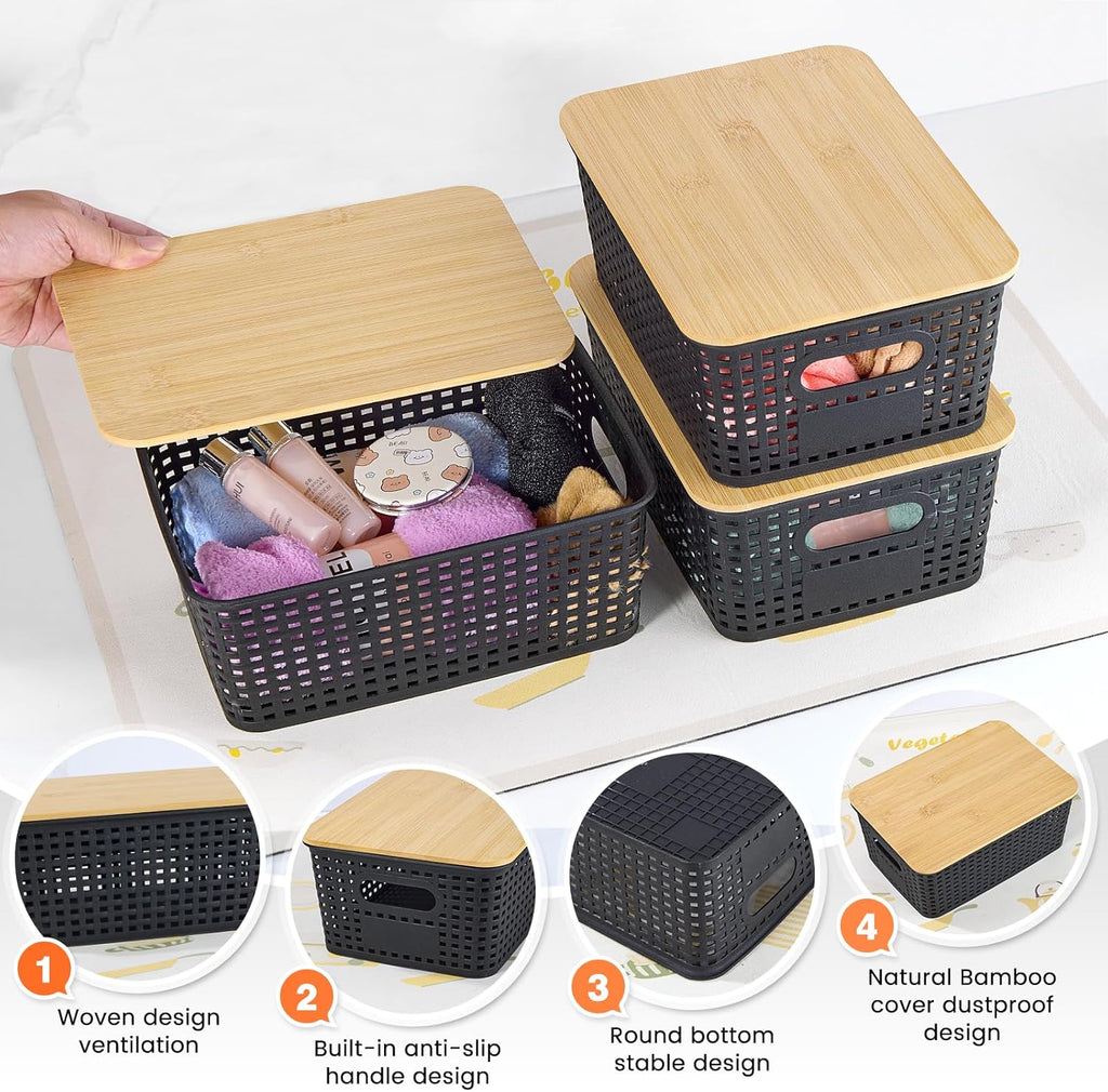 Ohmlove Plastic Storage Baskets - Stackable Containers with Bamboo Lid for Organizing | 6 Pack