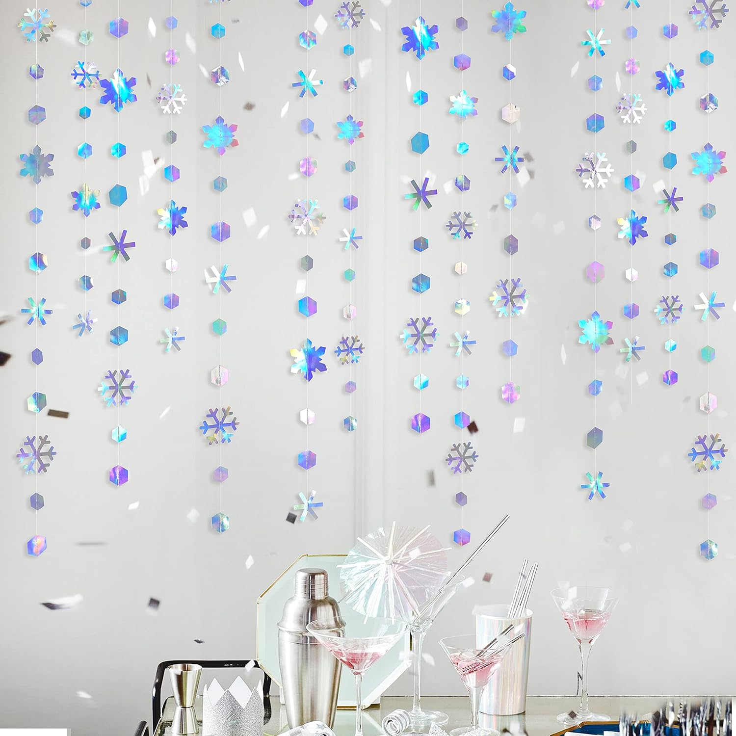 Winter Wonderland Party Decoration - Iridescent Snowflake Garland by [Brand Name] | 52Ft Holographic Streamer for Christmas & Weddings