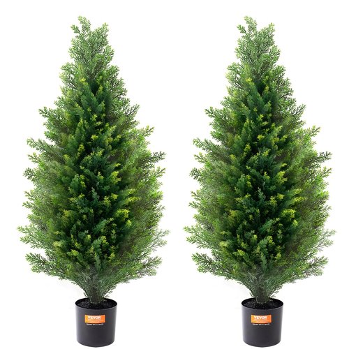 VEVOR Artificial Topiary Cedar Tree, 36 inch Tall (2 Pieces), with Extra Leaves & Pot Faux Evergreen Fake Pine Cypress Trees Plant, UV Rated Artificial Greenery Set for Home Decor Indoor/Outdoor