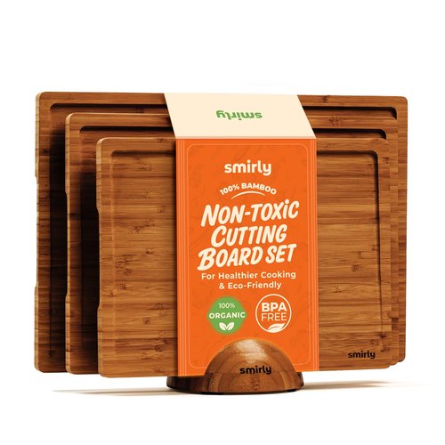 SMIRLY Wood Cutting Boards for Kitchen Wooden Chopping Board Set Reversible with Deep Juice Grooves Grip Handles, Large Charcuterie Tray, New Apartment Essentials, Carbonized Bamboo, 3Pcs with Holder