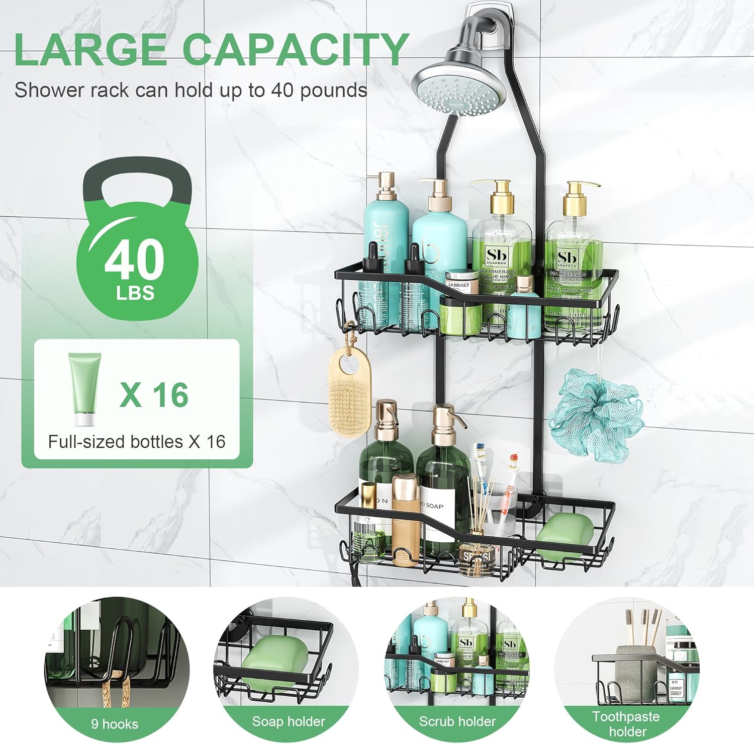 Regine Switzerland Shower Caddy - Rustproof 2-Tier Hanging Bathroom Organizer with 18 Hooks | Non-Slip Design