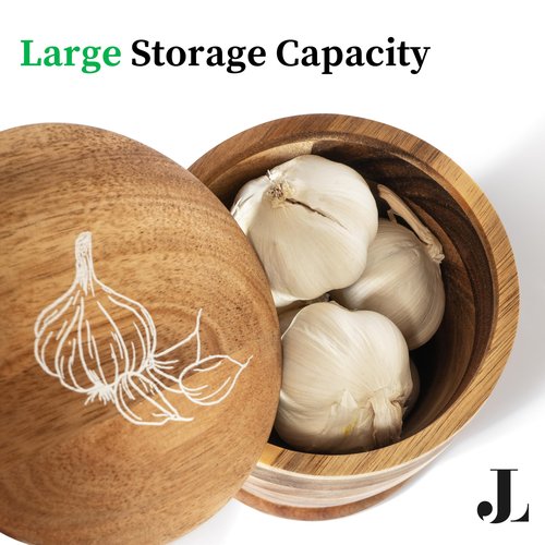 Jean Lemond Introducing The Always Fresh Acacia Garlic Keeper For Counter. A Crafted Large Garlic Storage Jar. A Rustic Garlic Holder Container Pot Saver With Lid.