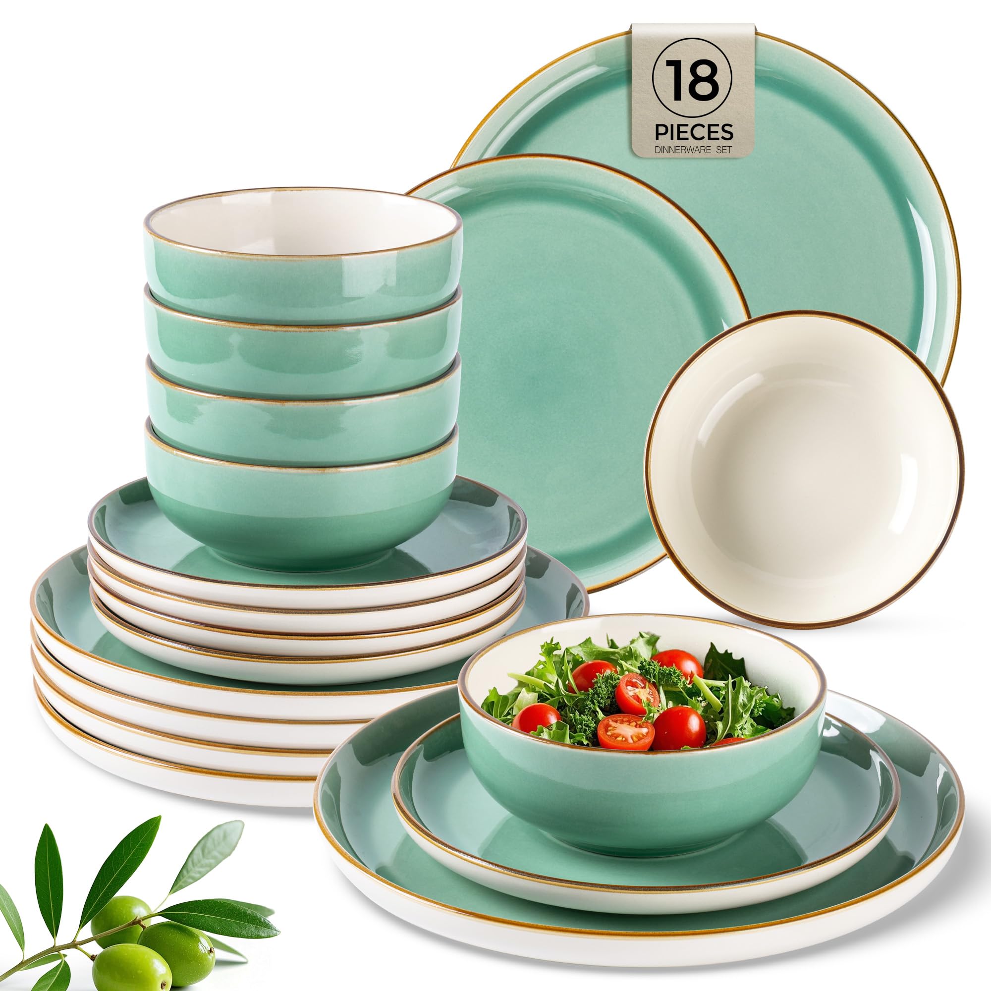 GBHOME Ceramic Dinnerware Sets, 18 Pieces Stoneware Dinnerware Set, Plates and Bowls Sets, Dishwasher & Microwave Safe,Dishes Set | Service for 6