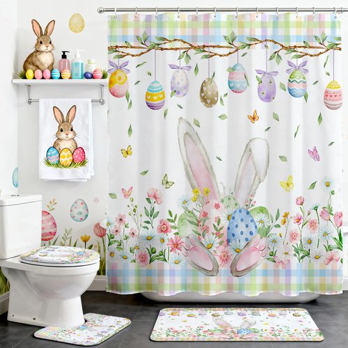 Mocsicka 4pcs Easter Shower Curtain Set Cute Bunny Eggs Spring Floral Shower Curtain for Easter Bathroom Decor Set with Non-Slip Washable Bath Rugs, Toilet Lid Cover 72 x 72 Inch