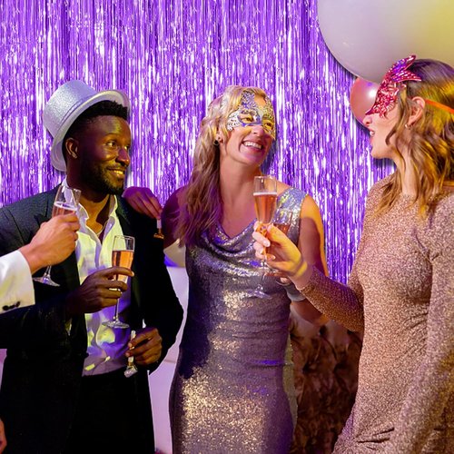 Foil Curtain Backdrop - 20 Pack Purple Metallic Tinsel Fringe Curtains for Parties & Events