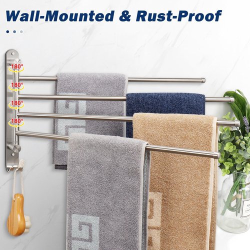 NearMoon Swivel Towel Rack, 19.5" Thicken 304 Stainless Steel 4-Arm Towel Bar, Space Saving Wall Mounted Towel Holder with Hook, Rustproof Swing Out Towel Hanger for Bathroom, Kitchen (Brushed Nickel)