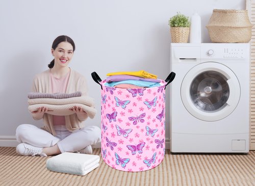 HUAYEE Round Butterfly Pattern Laundry Hamper Storage Basket Fabric Material Storage Hamper Organization Basket, Storage Bin, Gift Box with Handles for Room