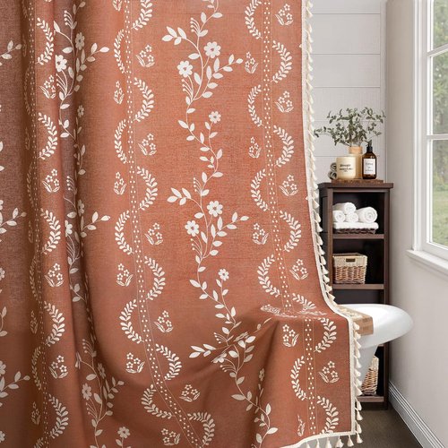 NDDYCU Vintage Boho Terracotta Shower Curtain, Floral Linen Patterned Shower Curtains for Bathroom with Tassels, 72 x 72