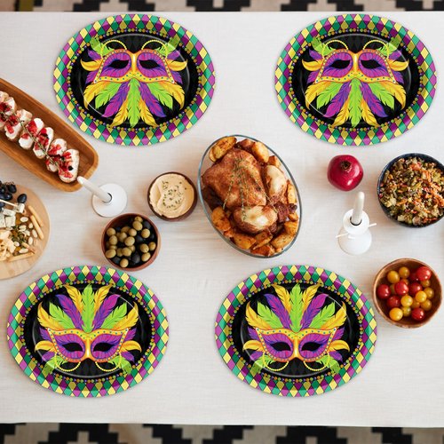 Qyeahkj 50 PCS Mardi Gras Oval Paper Plates Large 11” Disposable Masquerade Mask Party Decorations Mardi Gras Supplies Favor for Carnival Gifts Masquerade Party Tableware Set