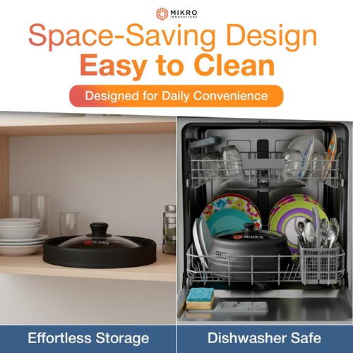 Mikro Innovations Glass & Silicone Microwave Splatter Cover – Tall and Collapsible Design that fits 6-10.5in Plates and Bowls - Space Saving, BPA Free & Dishwasher Safe (1, Black, large)