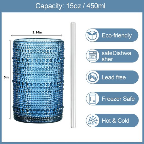 HomeVogue Vintage Hobnail Drinking Glasses Set of 12, 15oz Textured Tumblers - Embossed Blue Bar Glasses for Cocktails, Beer, Whiskey, Dishwasher-Safe Highball Cups for Kitchen, Juice & Mixed Drinks