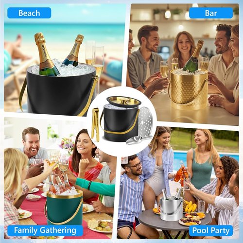 4L Ice Bucket, Ice Bucket with Silicone Sealing Ring Double-wall Vacuum Insulation Champagne Buckets with Filter Layer Ice Tongs Ice Scoop (Black)