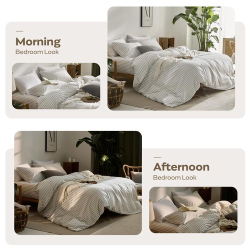 JELLYMONI Striped Duvet Cover Set - Queen Size 100% Cotton - 3PCS White & Grey Vertical Stripes Bedding - Hidden Zipper Closure & 8 Corner Ties - Breathable Comforter Cover for Bedroom