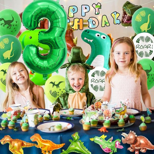 LilyZheng Large Dinosaur Balloon Number 3, 40 Inch Dark Green Foil Balloon and 5 Mini Dinosaur Balloons for 3rd Dino Birthday Decorations and Dino Party Supplies Boys and Girls