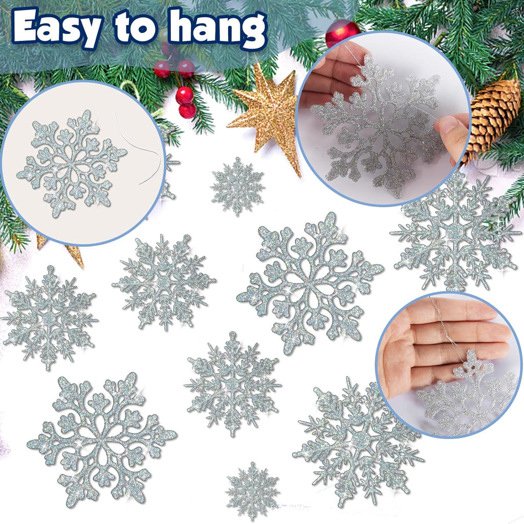 Skiennix 36-Piece Iridescent Silver Christmas Snowflake Ornaments - Sparkling Glitter Decor for Holiday Home & Winter Parties