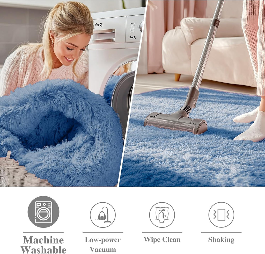 OLANLY Blue Round Area Rug - Soft, Fluffy, Machine Washable 2 ft Circle Carpet for Bedroom & Nursery Decor