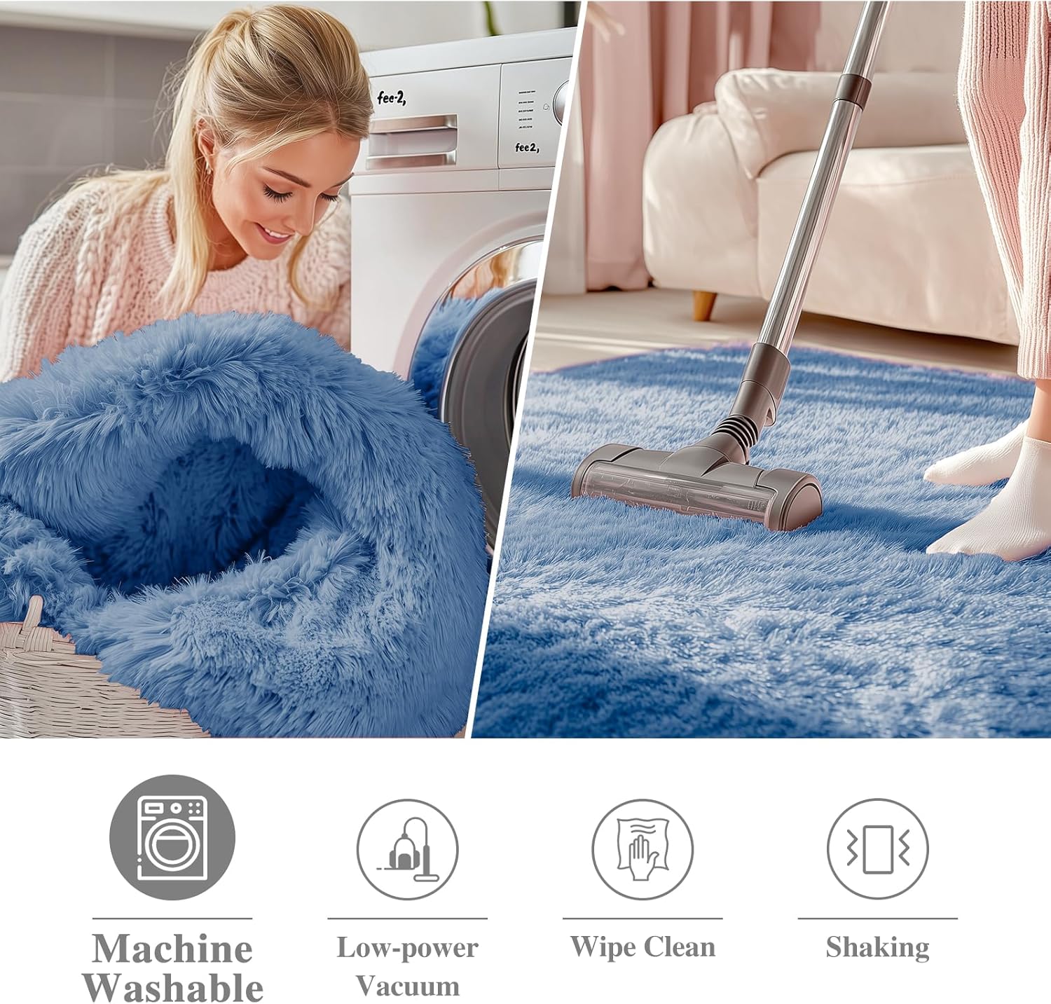 OLANLY Blue Round Area Rug - Soft, Fluffy, Machine Washable 5 ft Circle Carpet for Bedroom & Living Room